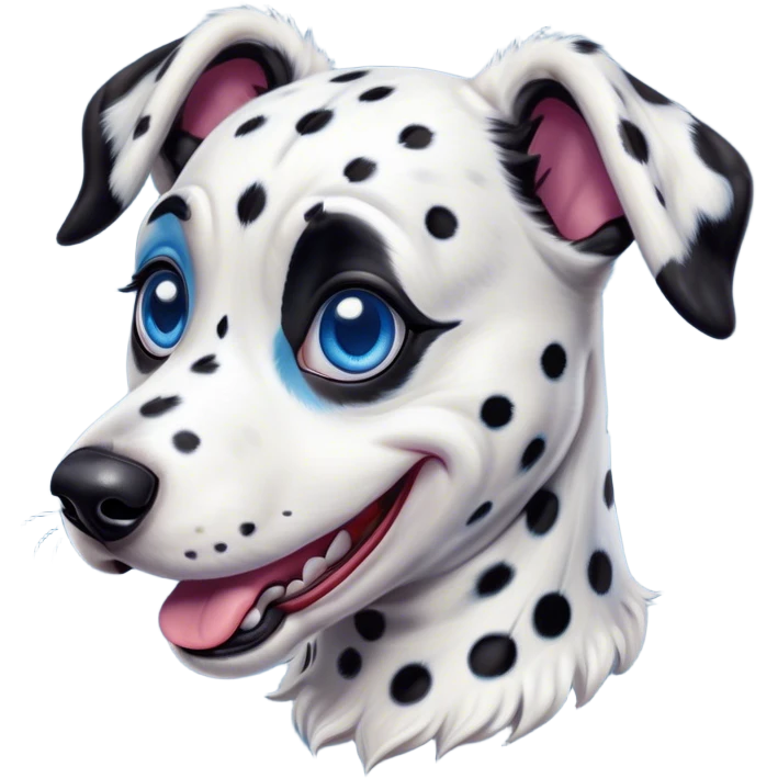 Cinematic Comical Harlequin Dalmatian Portrait Emoji, Head tilted dramatically with an exaggeratedly shocked or amused expression, featuring a striking Fur of predominantly white with vivid black patches, wide, expressive blue eyes filled with playful disbelief, Simplified yet hilariously expressive features, highly detailed, glowing with a slightly sassy glow, high shine, dramatic yet playful, stylized with an air of cheeky charm, bright and endearing, soft glowing outline, capturing the essence of a spirited and over-the-top guardian, so meme-worthy it feels like it could side-eye its way into internet fame instantly! emoji