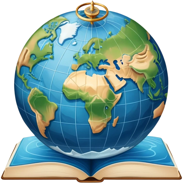 an icon featuring an earth with attitude and longitude lines, a textbook, and a topographic map, symbolizing geography as a science. The design includes a compass, mountain ranges, and rivers, representing the study of Earth's features and landscapes. Transparent background highlights geography. emoji