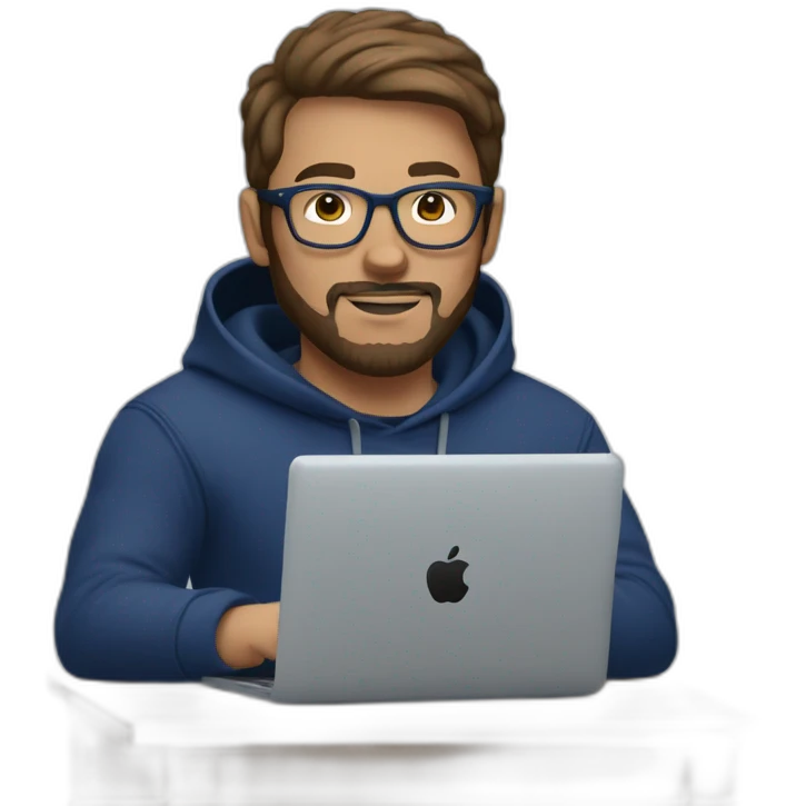 Brown short hair white man with a beard and round glasses typing on apple computer wearing a dark blue nike hoodie emoji