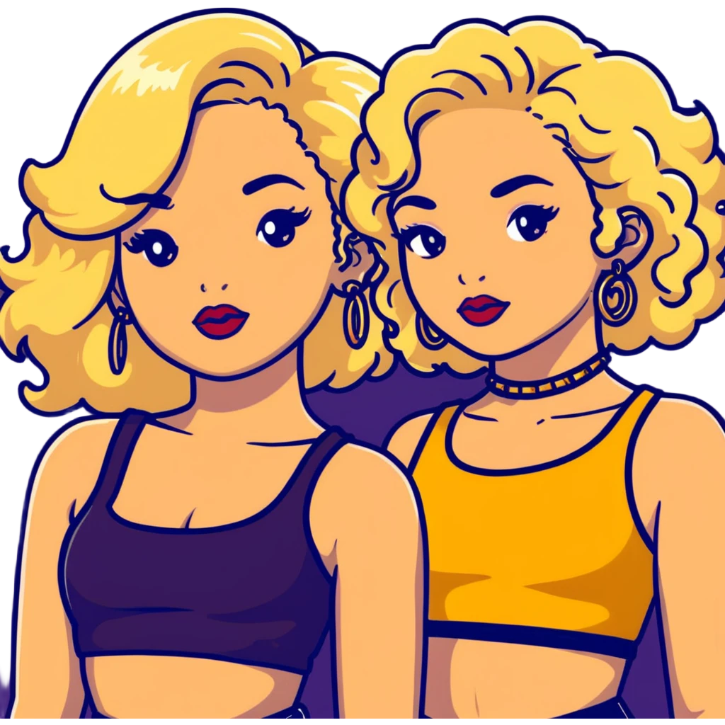Two teenage girls together, one white with blonde hair and one brown-skinned with curly dark hair, both with heavy makeup, big lips, crop tops, gold jewelry and flashy choni style outfits emoji
