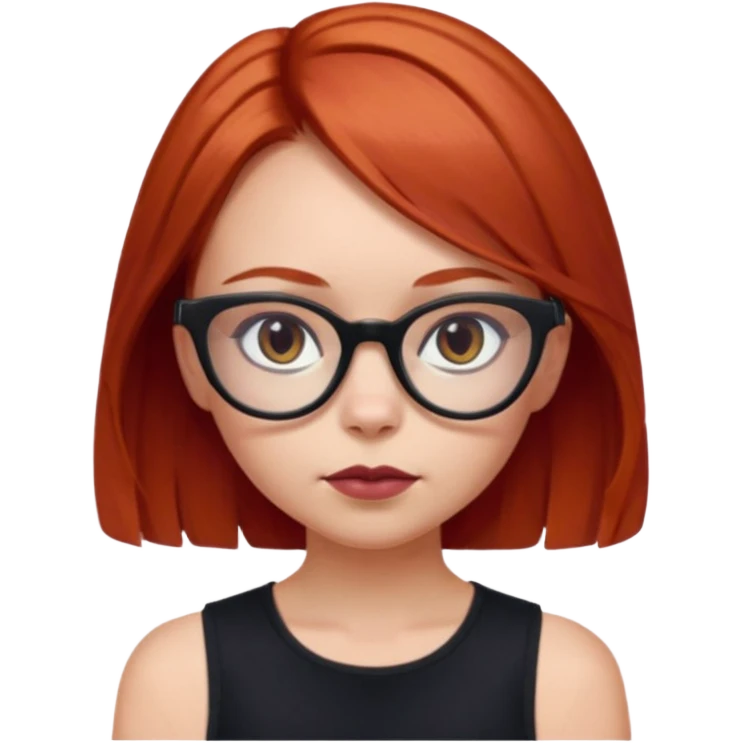 iPhone emoji of a girl with light red hair, shoulder-length hair, a small mole above her eyebrows, wearing a black sleeveless top, and subtle dark maroon cat-eye glasses, facing forward. emoji