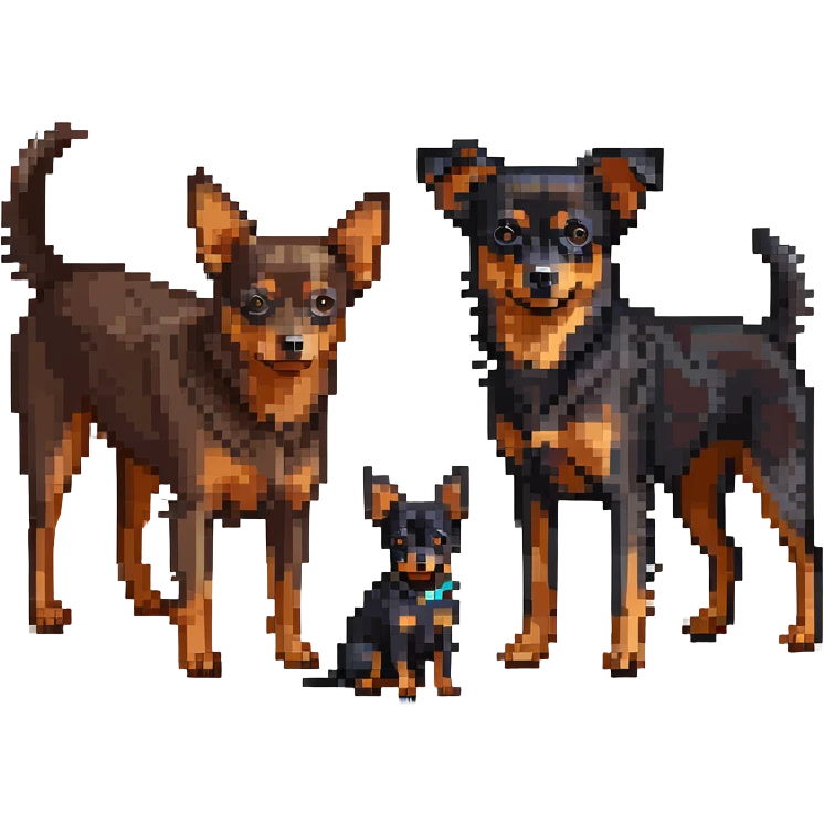 two dark-colored shepherd dogs and a dark-colored miniature pinscher Chihuahua together emoji