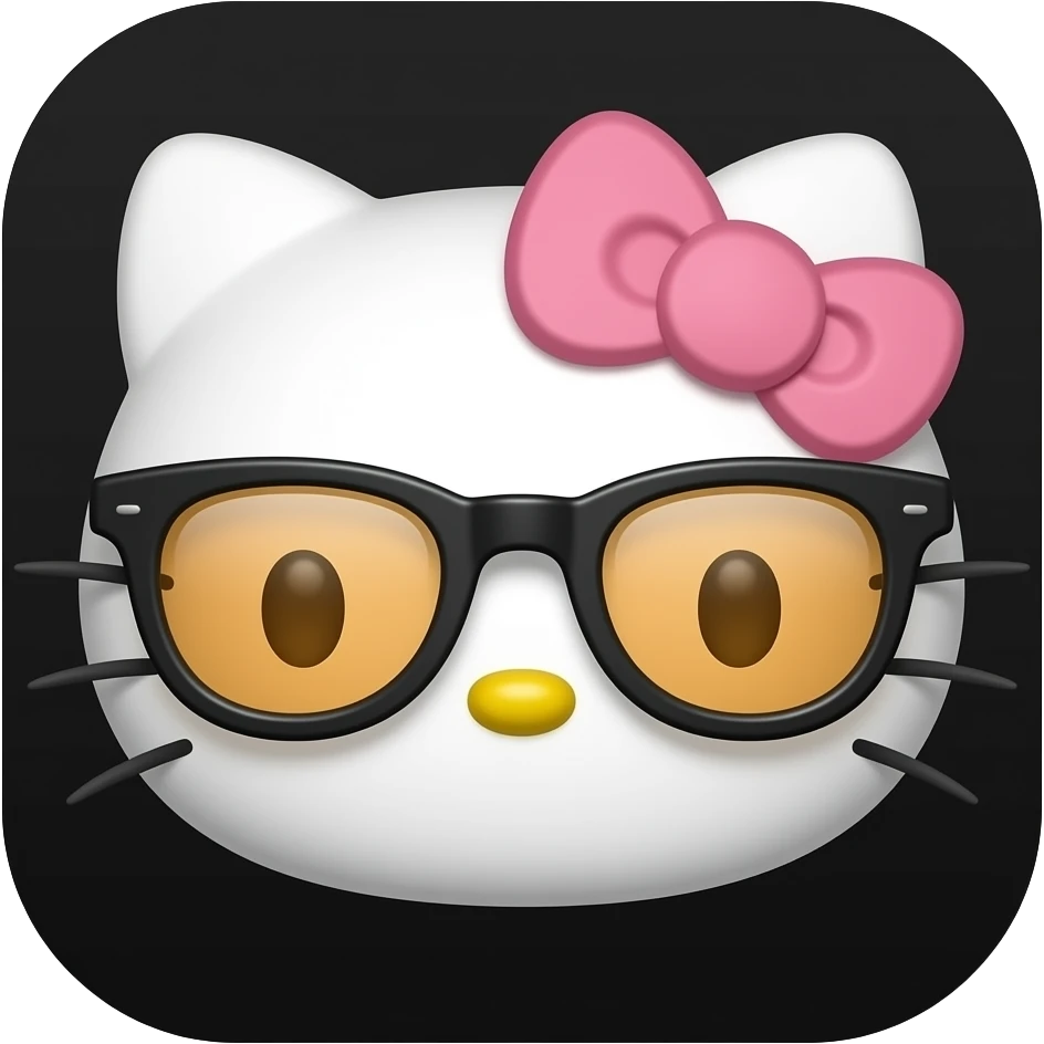 A minimalist Apple-style emoji of Hello Kitty's face. She has no mouth, small whiskers, a yellow nose, and is wearing thick-rimmed black glasses with amber lenses and a pale pink bow, centered on a solid black background emoji