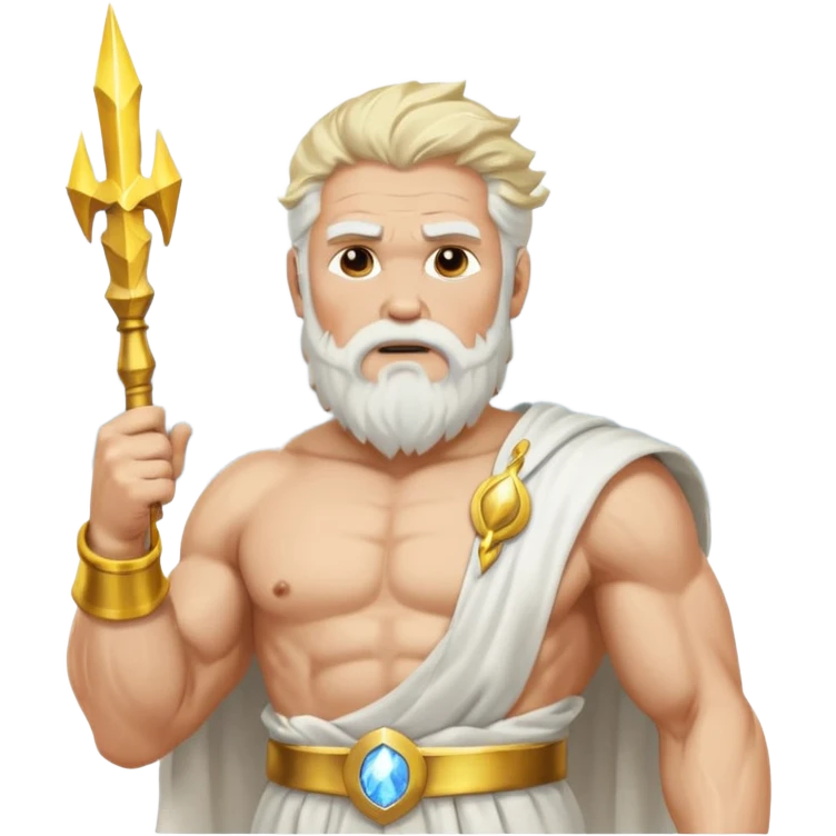 portrait of Zeus, muscular old man with white beard and hair, wearing white toga with gold trim, holding lightning bolt, standing on storm clouds emoji