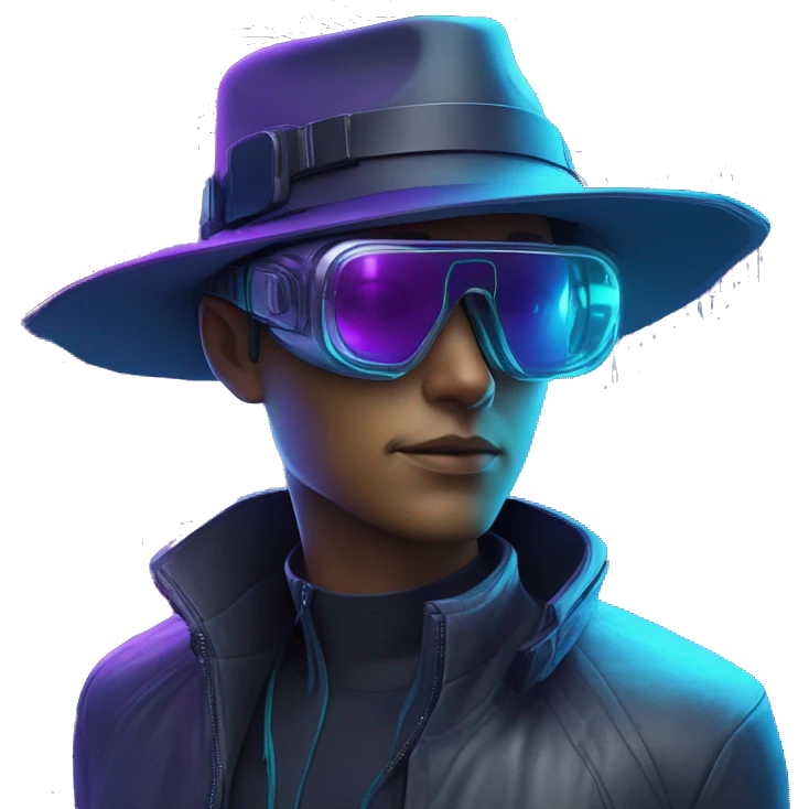 Secret human agent in a hat with  cyberpunk elements in Apple VR googles scanning looking reviewing multicolor lines of code, cyan and purple colors, only upper body portrait emoji