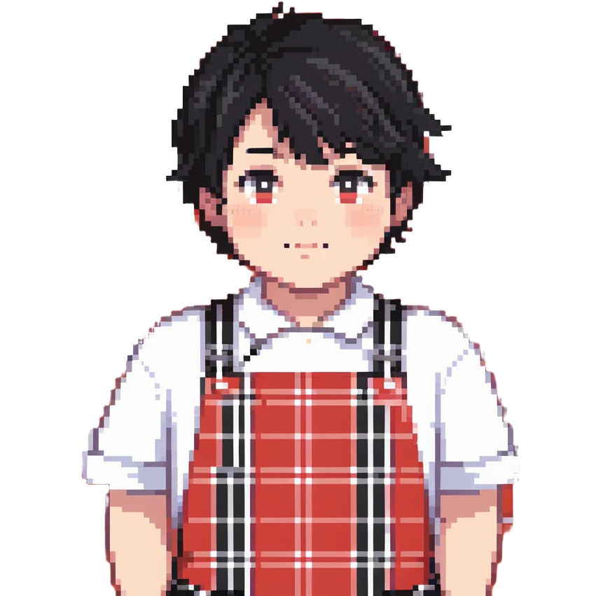 chubby boy with black hair styled upward in front, wearing a red and white checkered plaid apron emoji