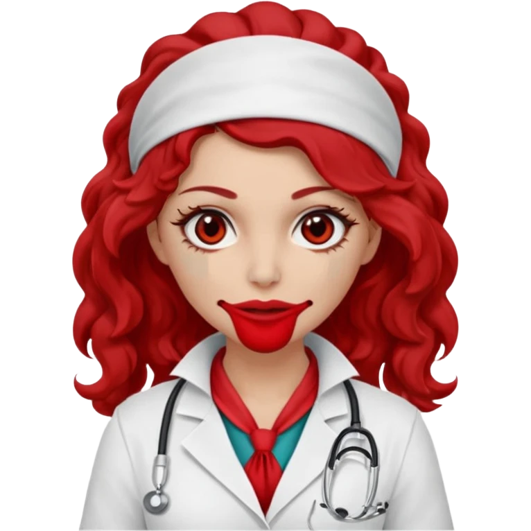 Lilith scalpel in hand, evil surgeon sexy surgeon clothes.  She has red eyes. She brown long curly hair. Wears sexy doctor outfit with red gloves. Hides mouth necknose with red bandana to hide her identity. Hair is long and brown emoji