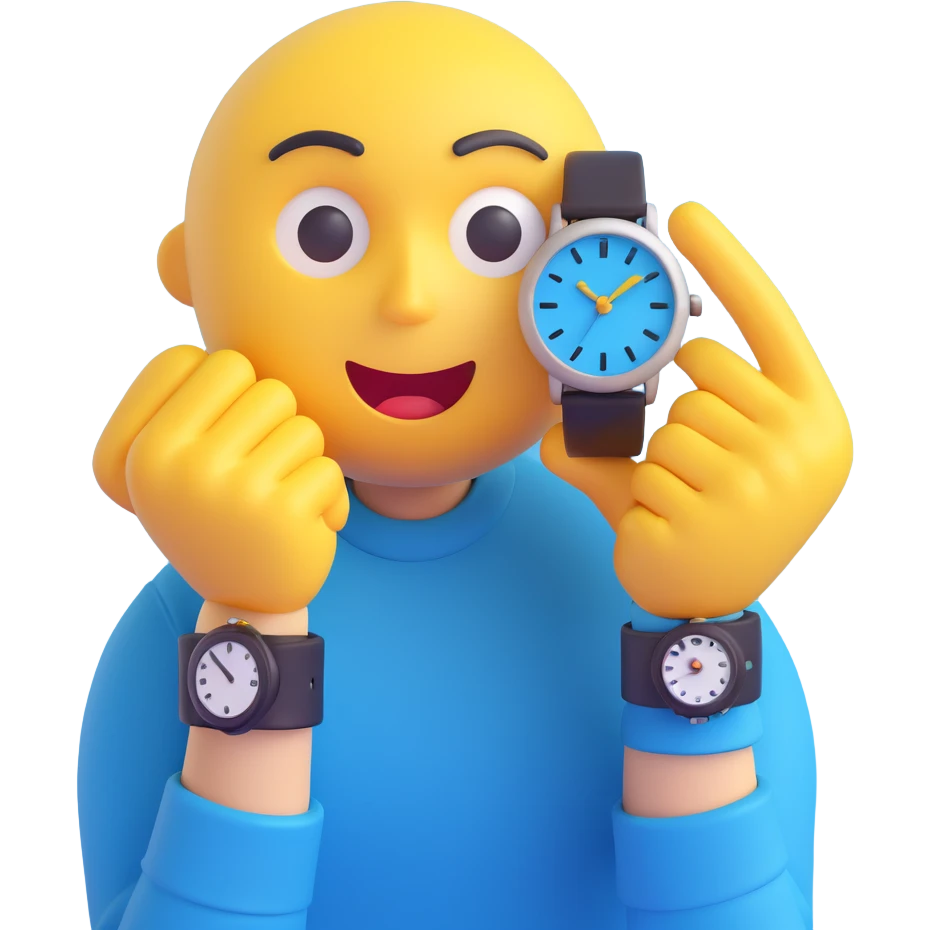 A yellow emoji face with a worried expression, looking at a wristwatch with raised eyebrows, showing urgency and stress emoji
