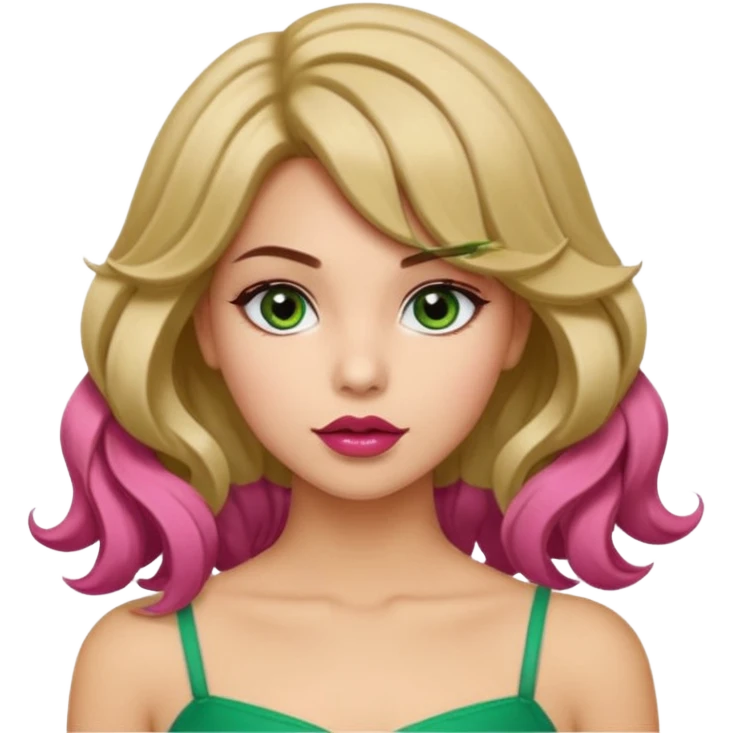 Una chica de cabello marrón con ojos de un verde acaramelado labios rosados cabello suelto con ondas un fleco corto en medio y otros dos a los lados en modo fleco cortina dos mini coletitas a los lados con lazitos  emoji