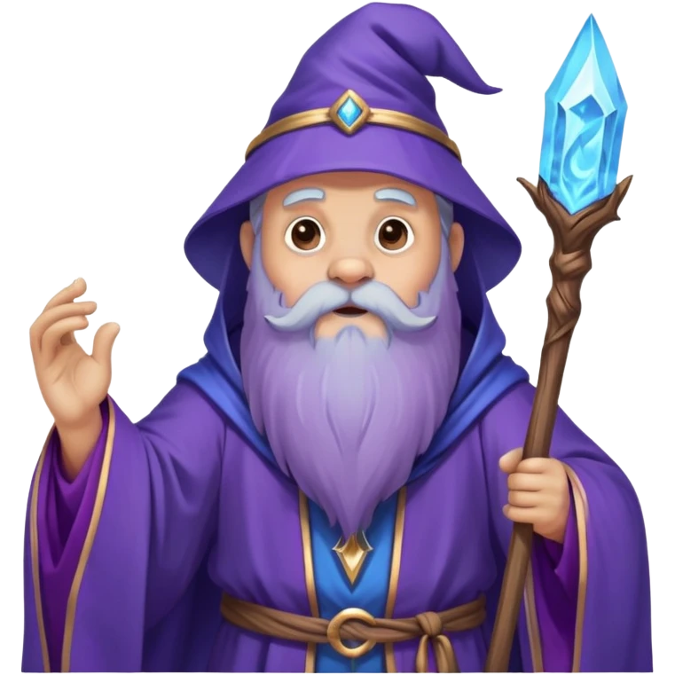 A wise old bear wizard with long beard casting a blue spell with wooden staff and purple flowing robes emoji