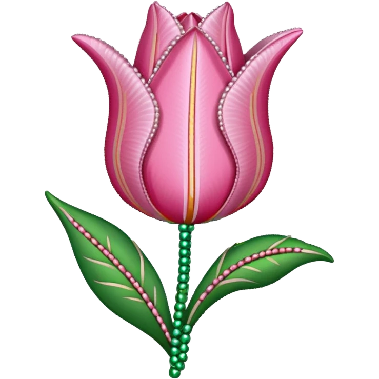 french beaded pink tulip flower with 2 leaves emoji