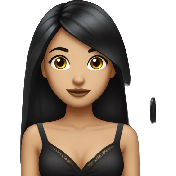 Extremely beautiful girl with black straight hair that looks like witch dressed in black dress  emoji