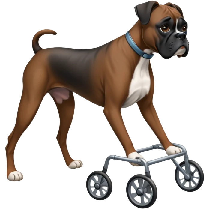 Elderly black boxer dog standing on hind legs using a walker emoji