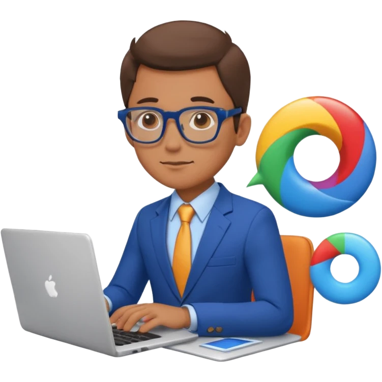 bussiness man technologist working on a laptop watching graphics emoji