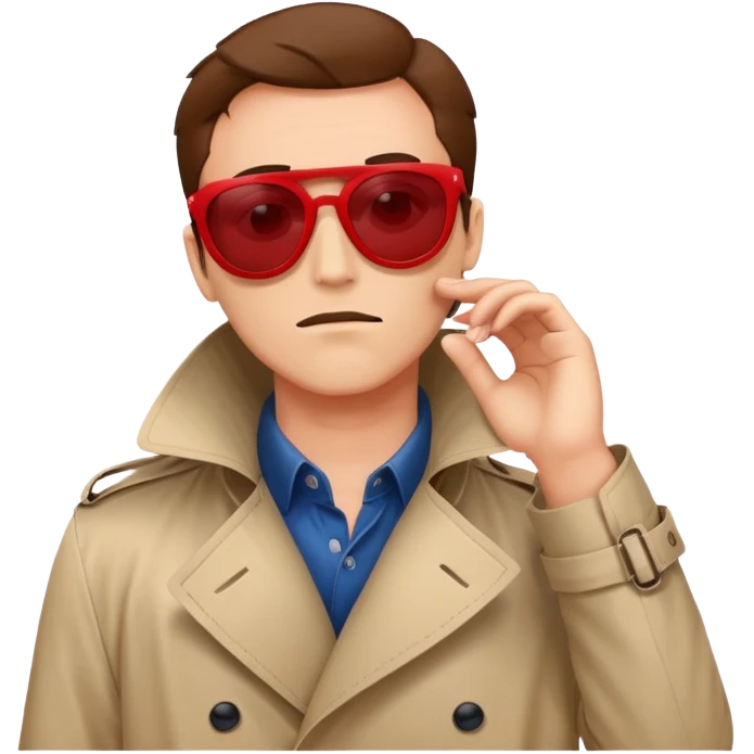 a suspicious looking fraudster in red sunglasses and a red trench coat who's hiding his face emoji