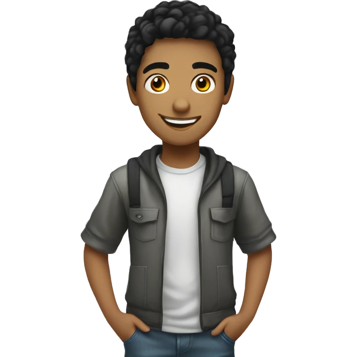 young programmer whire. black hair, computer, coding, smiling emoji