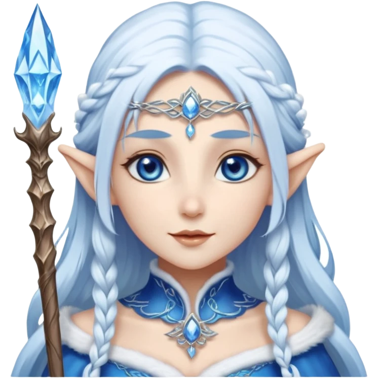 Legendary fantasy Christmas elf portrait icon, Santa Claus and Snow Maiden inspired, ancient winter spirit style, long flowing white-blue hair, glowing frost eyes, crystal staff, elegant elven features, divine winter magic aura, icy silver color palette, highly detailed but clean emoji icon emoji
