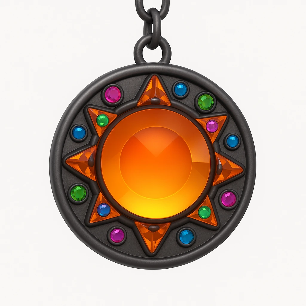 Transform this into a charm: add a black chain attached to the top and small colorful gemstone accents around the main amber gem, keep the 3D emoji style emoji