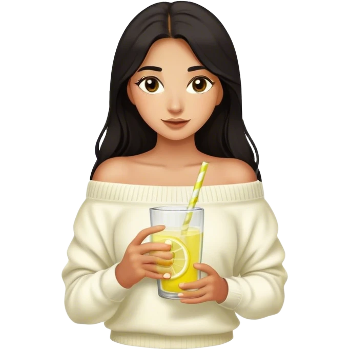 Latina girl with dark long hair and dark eyes and olive skin wearing white off shoulder sweater with lemonade in glass with lemon in hand emoji