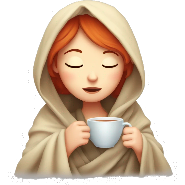 red hair girl wrapped in blanket drinking tea with eyes closed emoji