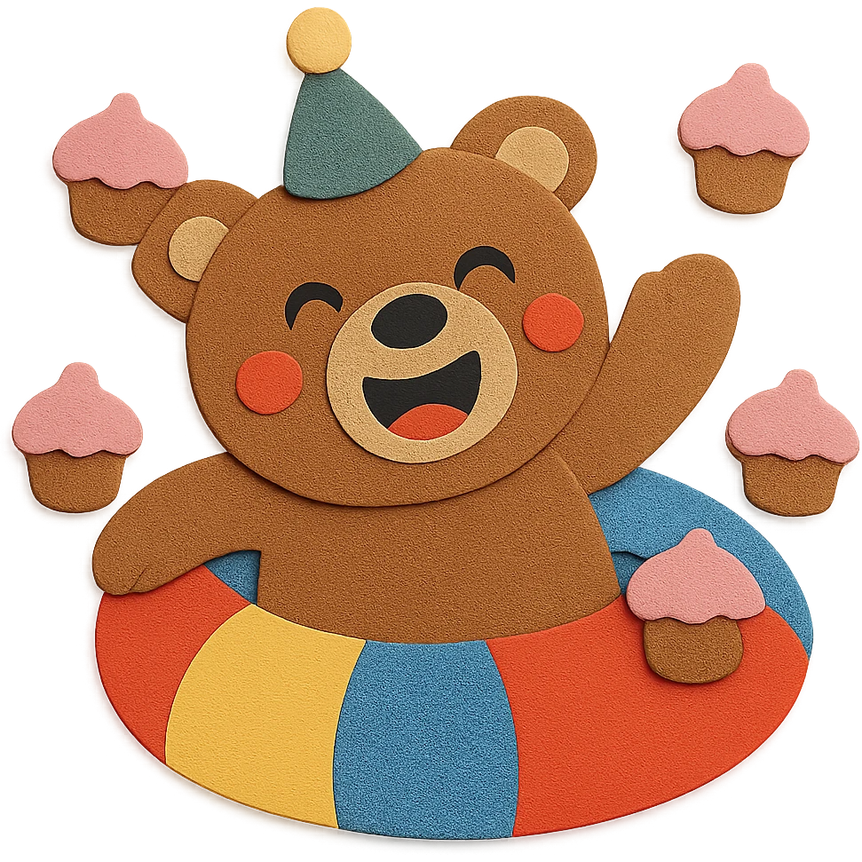 Add a few more cupcakes around the bear and party ring, while all other design elements remain unchanged emoji