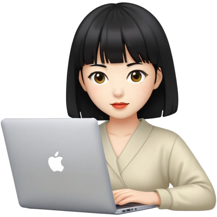 japonesa de pele clara e cabelos pretos com franja na altura das sombracelhas mexendo em um notebook portátil da Apple  emoji