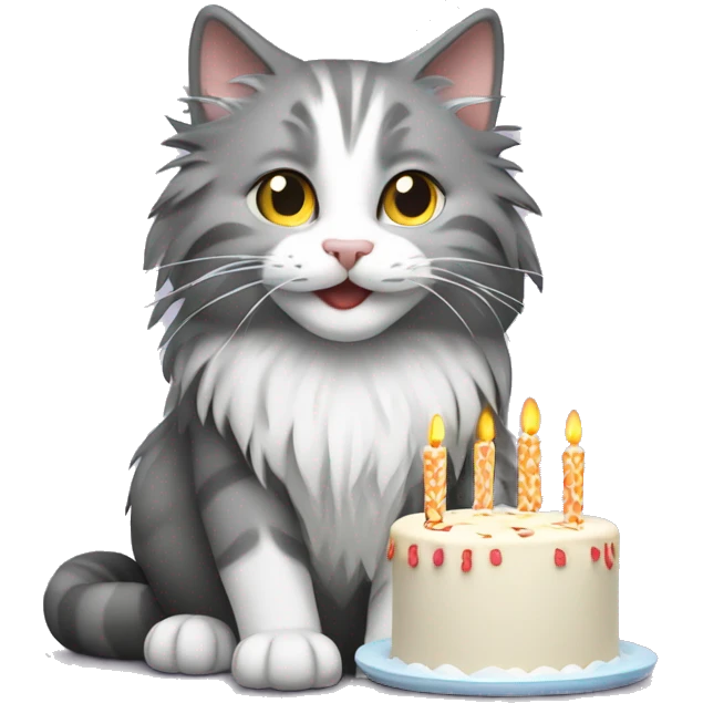 grey and white norwegian forest cat blowing candles emoji