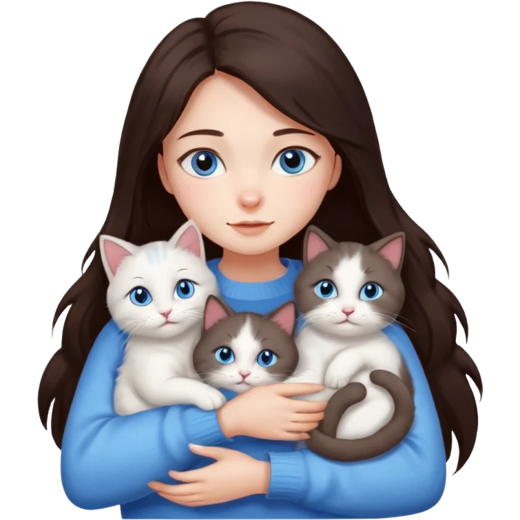 a girl with long dark 
brown hair, with blue eyes, in a
white sweater, hugs 3 different natural coloured cats emoji