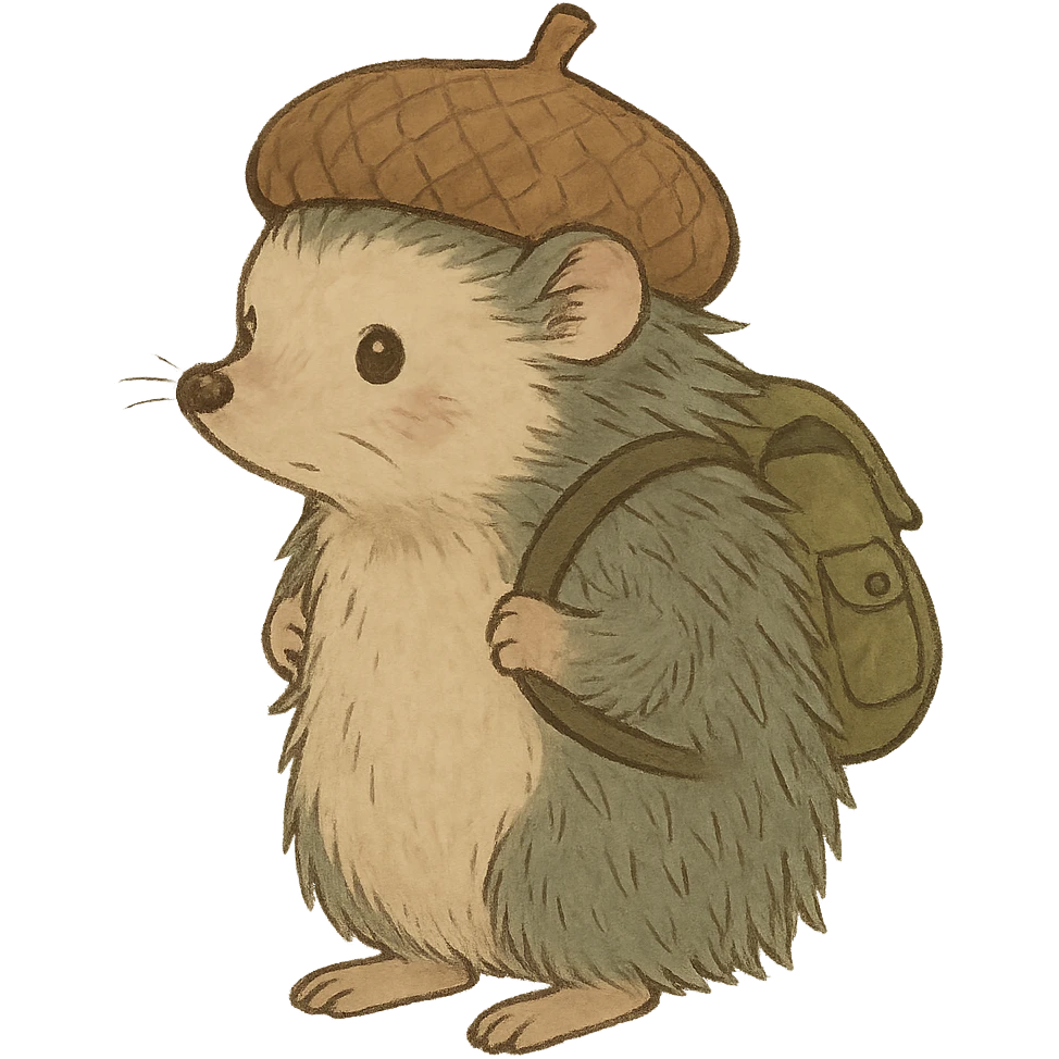 hedgehog with a tiny backpack and acorn hat, muted browns and sage green, ghibli style emoji