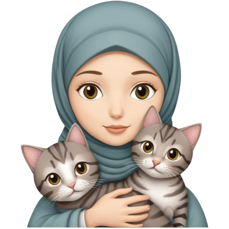 White girl wearing hijab holding a grey and tabby cat emoji