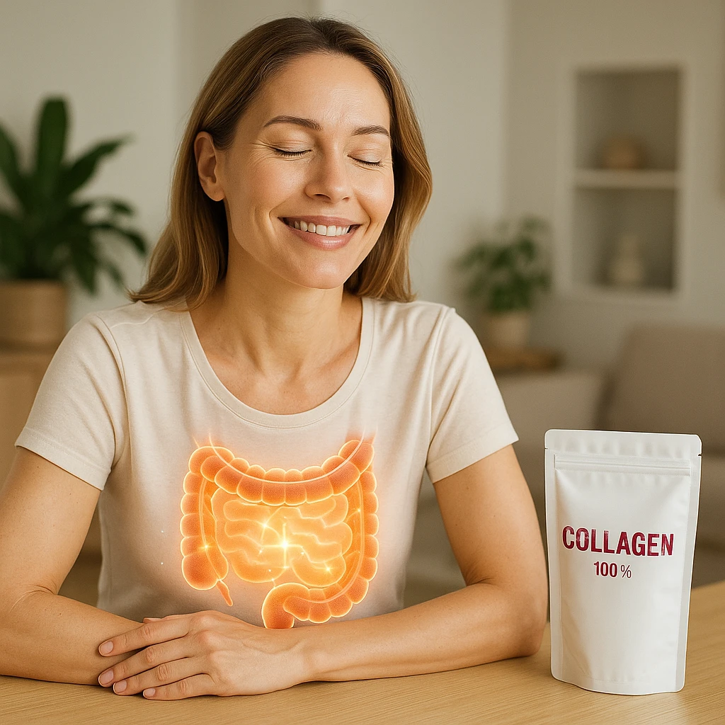 realistic image of a serene and radiant woman with a healthy intestine thanks to collagen, clinical details, positive atmosphere, domestic environment, visible collagen package emoji
