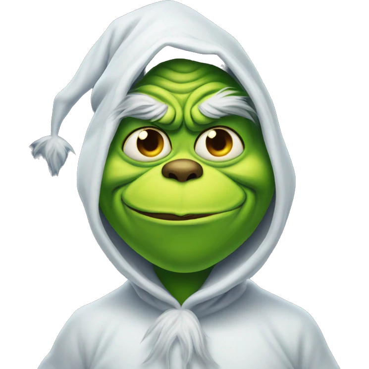 Grinch wearing halloween costume of a ghost emoji