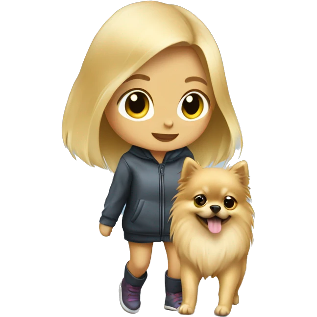 Blonde girl walking little pomeranian under the rain emoji