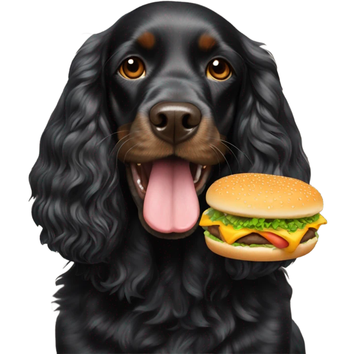 Black cocker spaniel eating a cheeseburger emoji