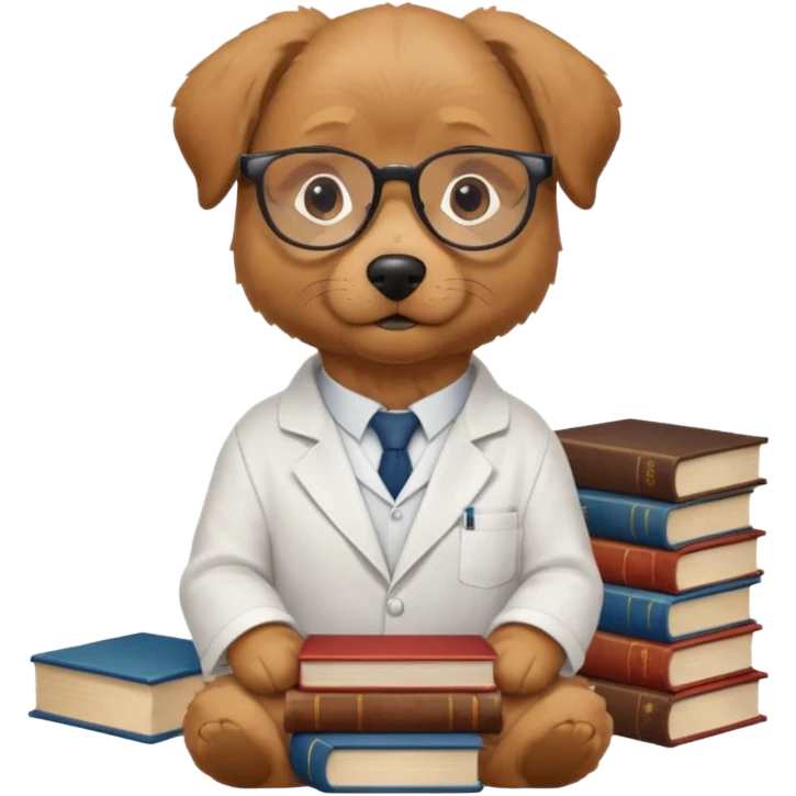 Wise dog with glasses, wearing a lab coat, perched on a stack of books. emoji