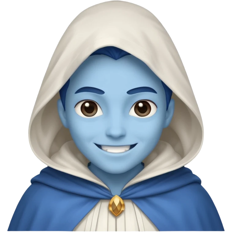 villain smiling with a white cloak, blue skin, cute emoji