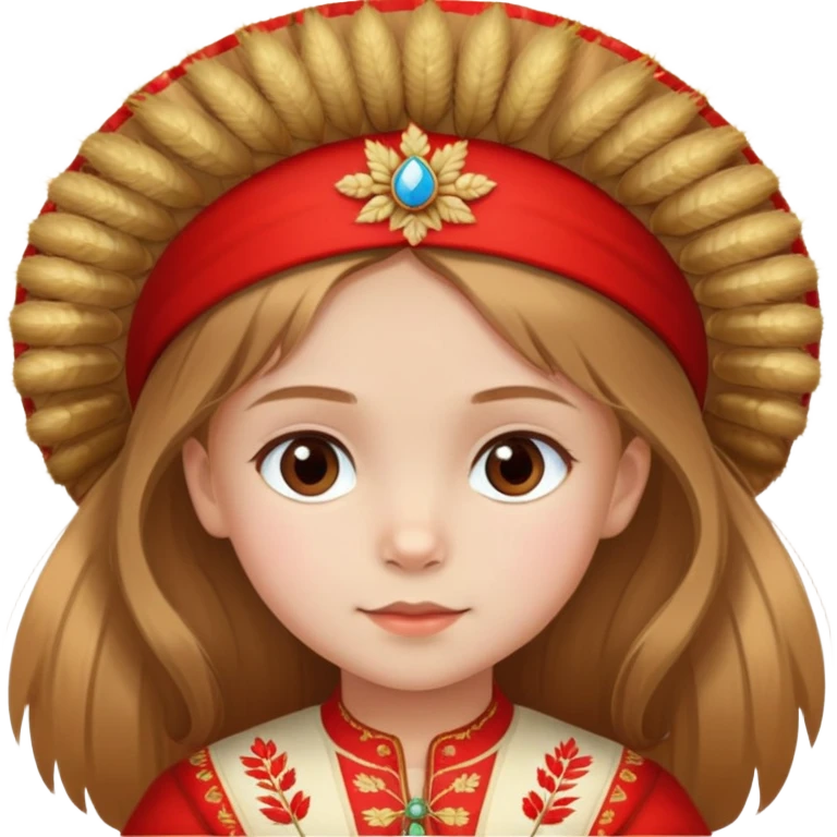 Russian girl age of 5 with brown eyes and wheat hair wearing red kokoshnik  emoji