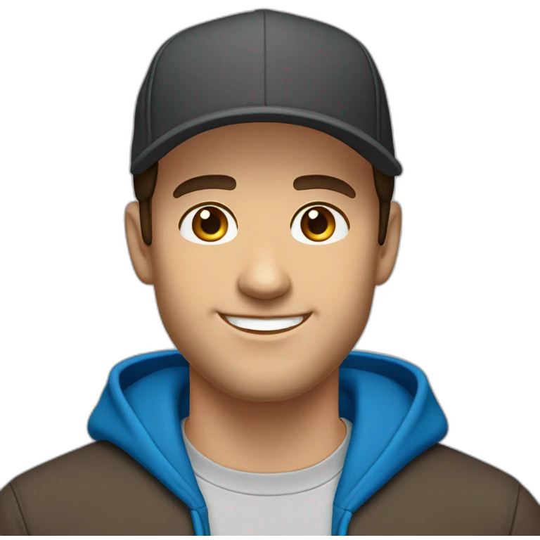 caucasian, male, dark brown hair, dark brown eyes, snap back cap, smiling, blue hoodie emoji