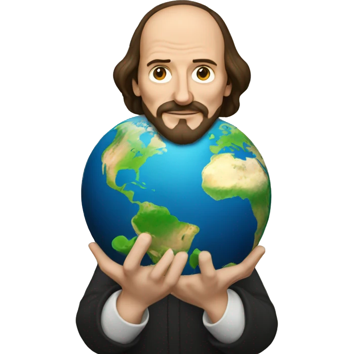 William Shakespeare holds the earth in his hands emoji