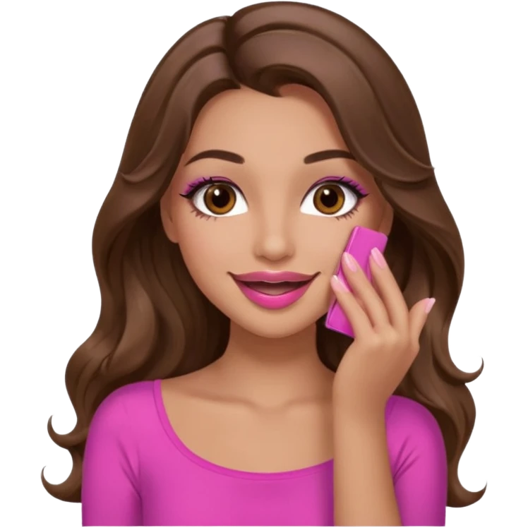 girl with long wavy brown hair, brown eyes, long lashes makeup, pink lips, light to medium complexion, pink sexy top, smiling, hand covering mouth emoji