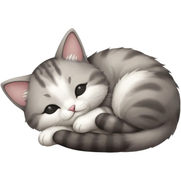 grey and white small cat with eyes closed lying down upside down with its head resting on its paw emoji