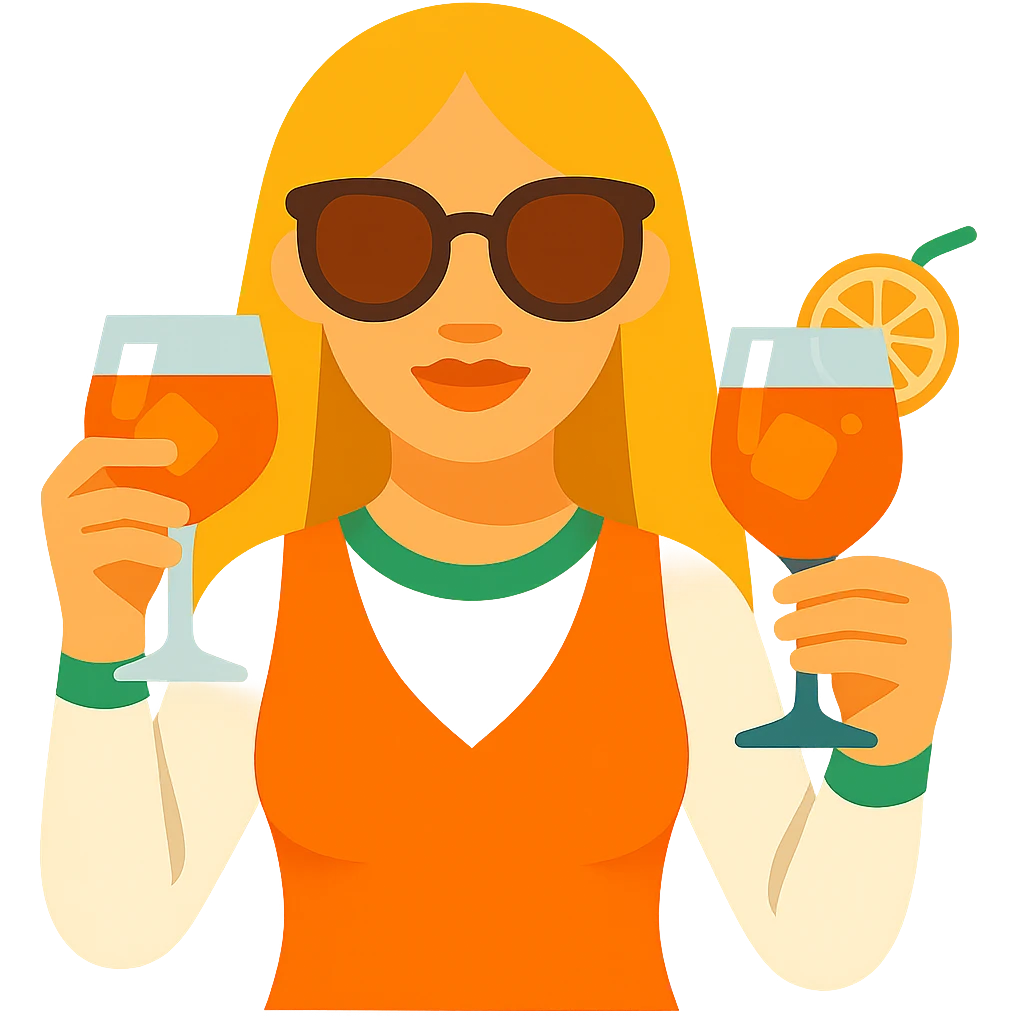 Add sunglasses to the Italian girl and make her hair dark blond, keep the Aperol Spritz and vibrant toon emoji style, with no background. emoji