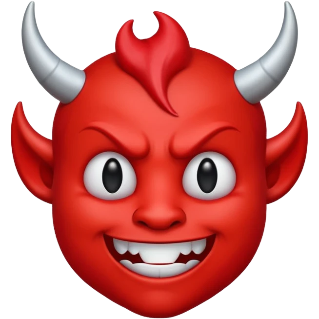 CARTOON STYLE EMOJI of a RED DEVIL FACE with small HORNS pointing up, BLACK EYES, and a MISCHIEVOUS SMILE. The entire face is RED with a smooth glossy texture. BACKGROUND is PURE WHITE, clean and simple. emoji