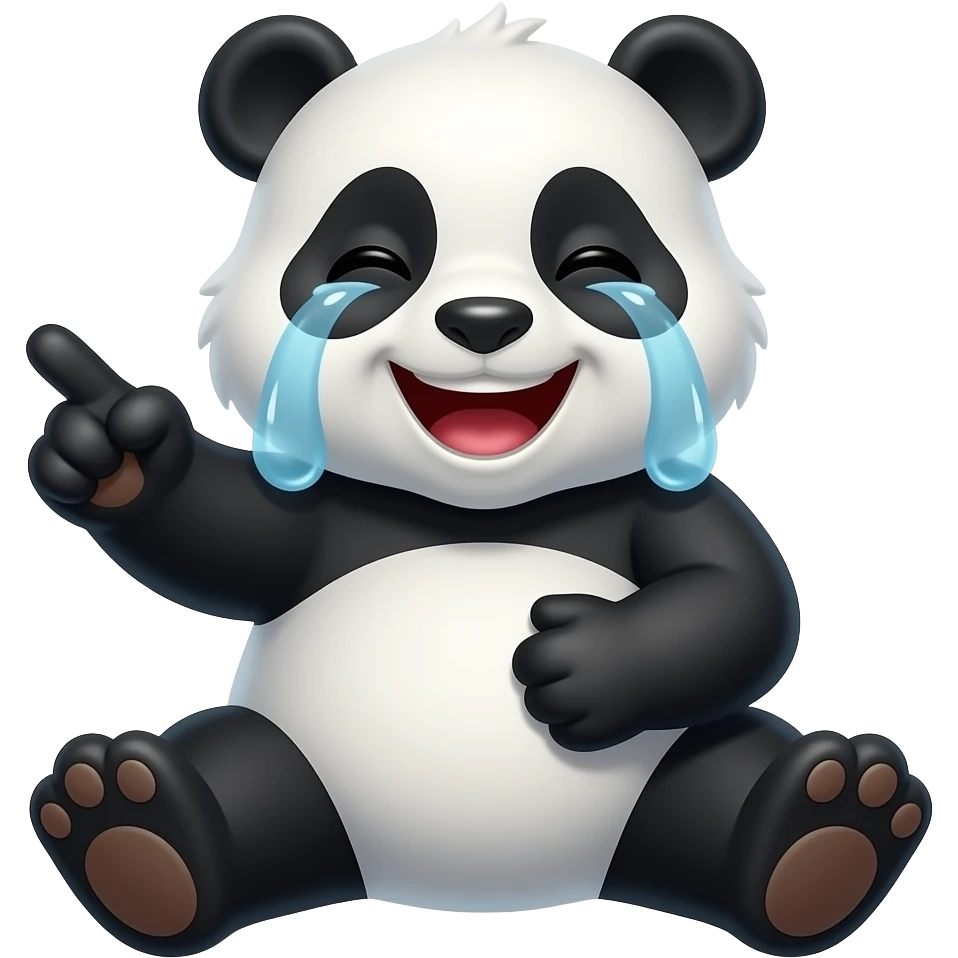 a sitting panda laughing with tears with one paw pointing and another paw on it stomach emoji