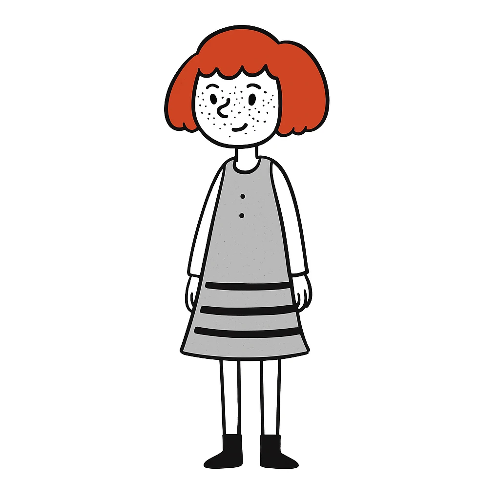 Add freckles to the girl's face, keep short red hair and flat chest, in a doodle style illustration. emoji