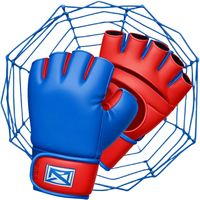 An MMA cage glove, half red and half blue, symbolizing both fighters, surrounded by a simplified octagon shape, dynamic energy lines, minimal and sharp design emoji