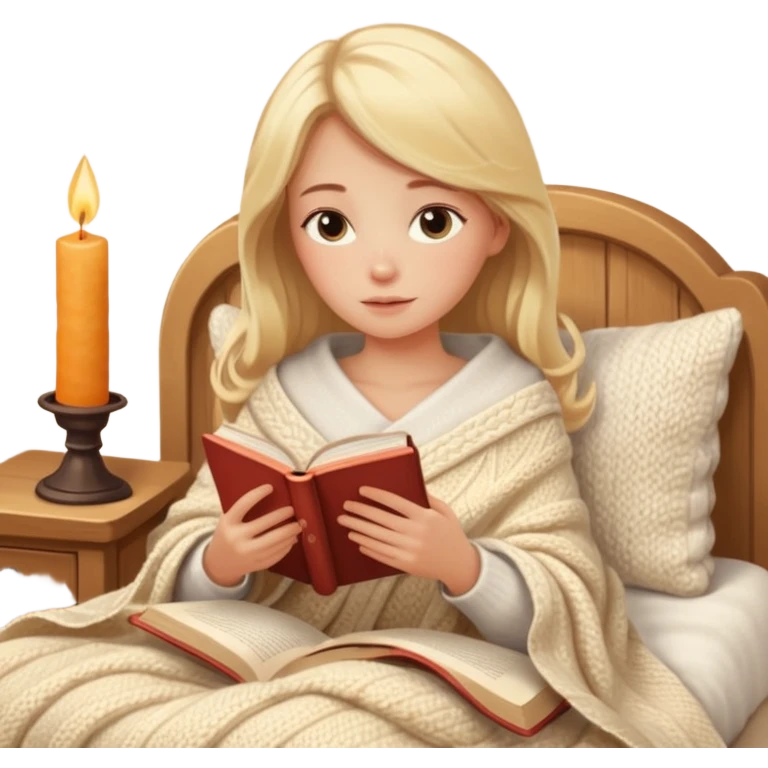 Cozy blonde girl reading book with blanket and candle emoji