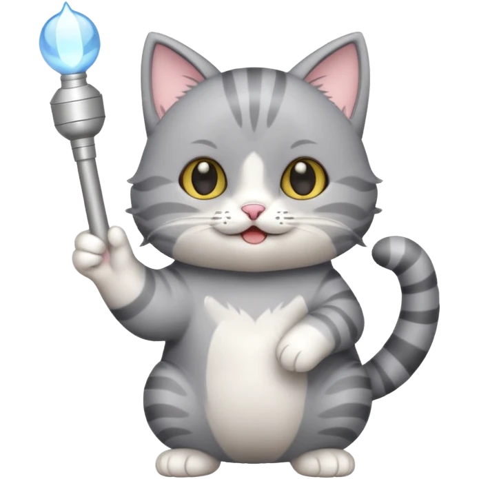 chibi cute gray cat waving holding a light stick emoji