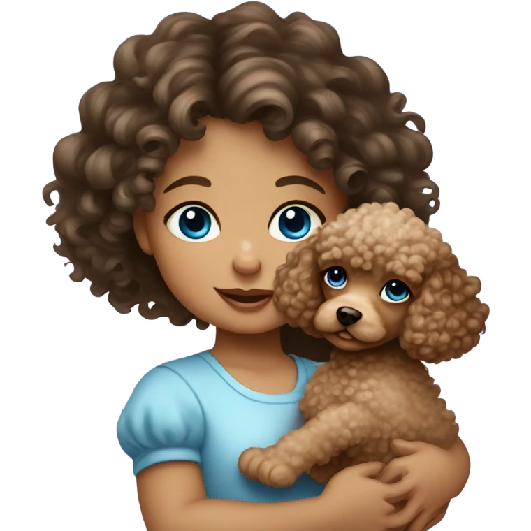 Brunette baby girl with curly hair and blue eyes holding a baby poodle emoji
