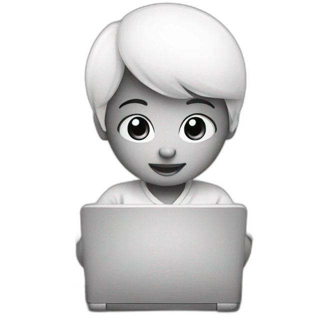 A cute, round faced Newborn working on laptop black n white emoji